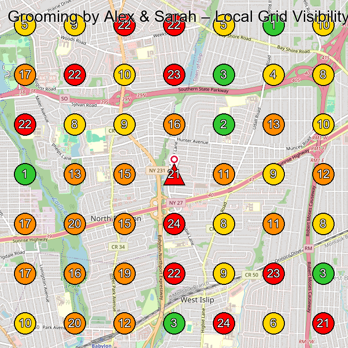 Grooming by Alex & Sarah Pet Groomer GeoGrid ranking map for West Babylon NY